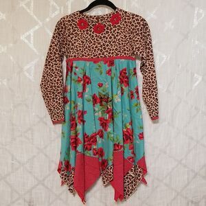 Girls Handkerchief Dress Size 8 Leopard Animal Print Floral Long Sleeve